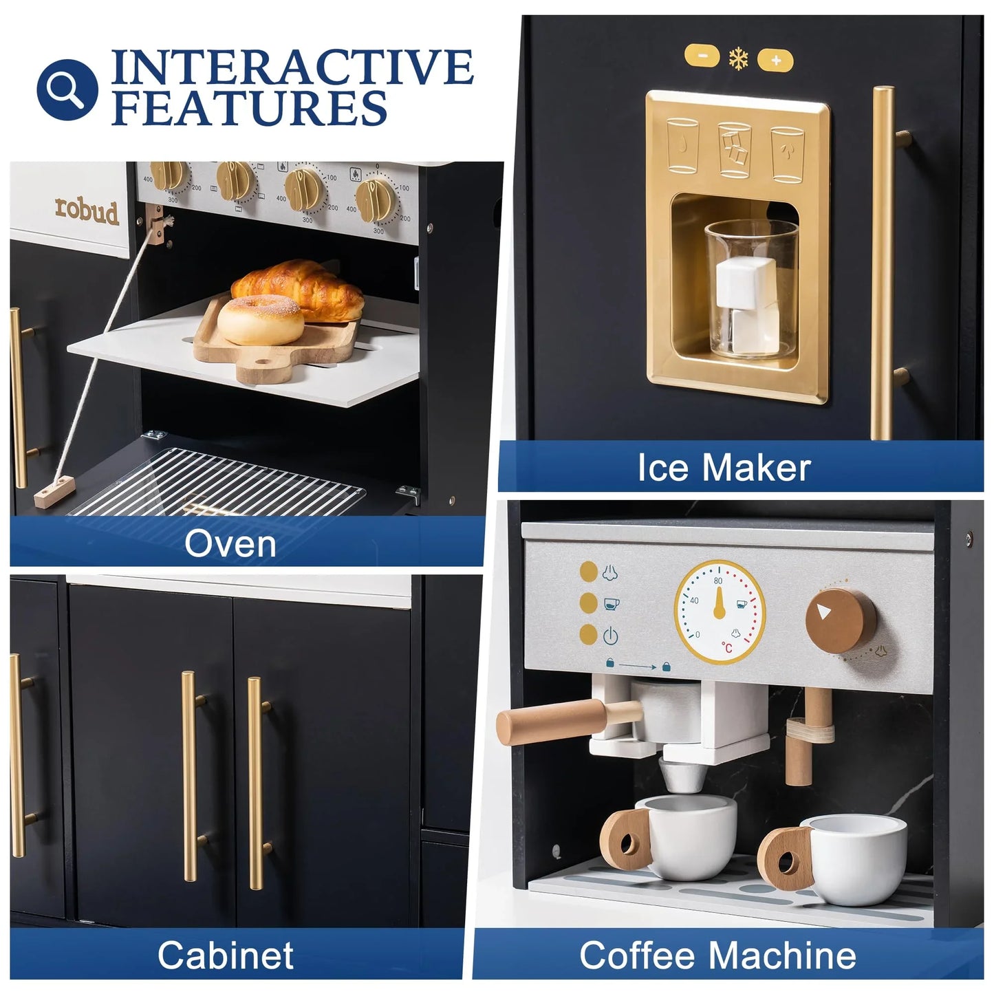 Robud Wooden Play Kitchen Set With Ice Maker And Coffee