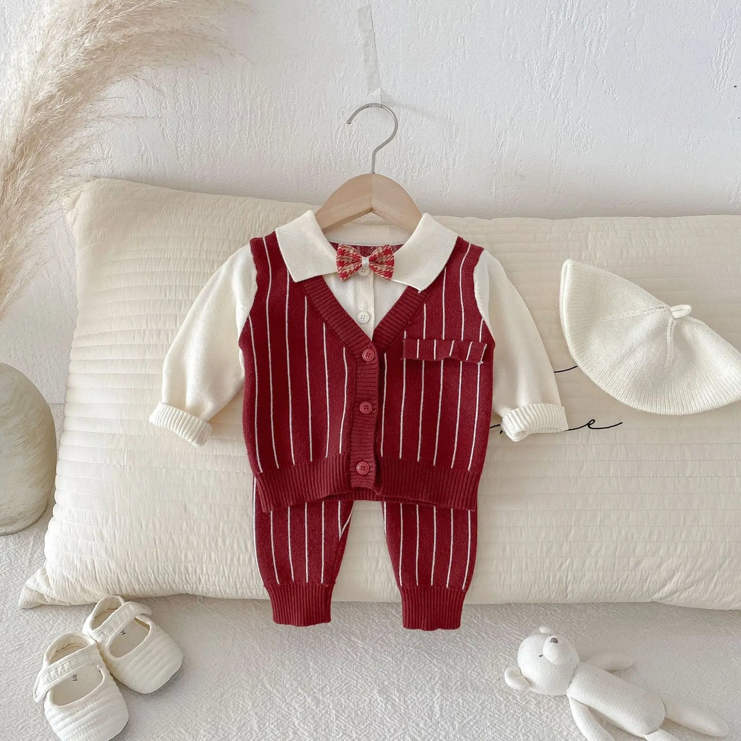 CN Zhejiang Baby Boy Knit Striped 3 Piece Set Bow Tie Shirt