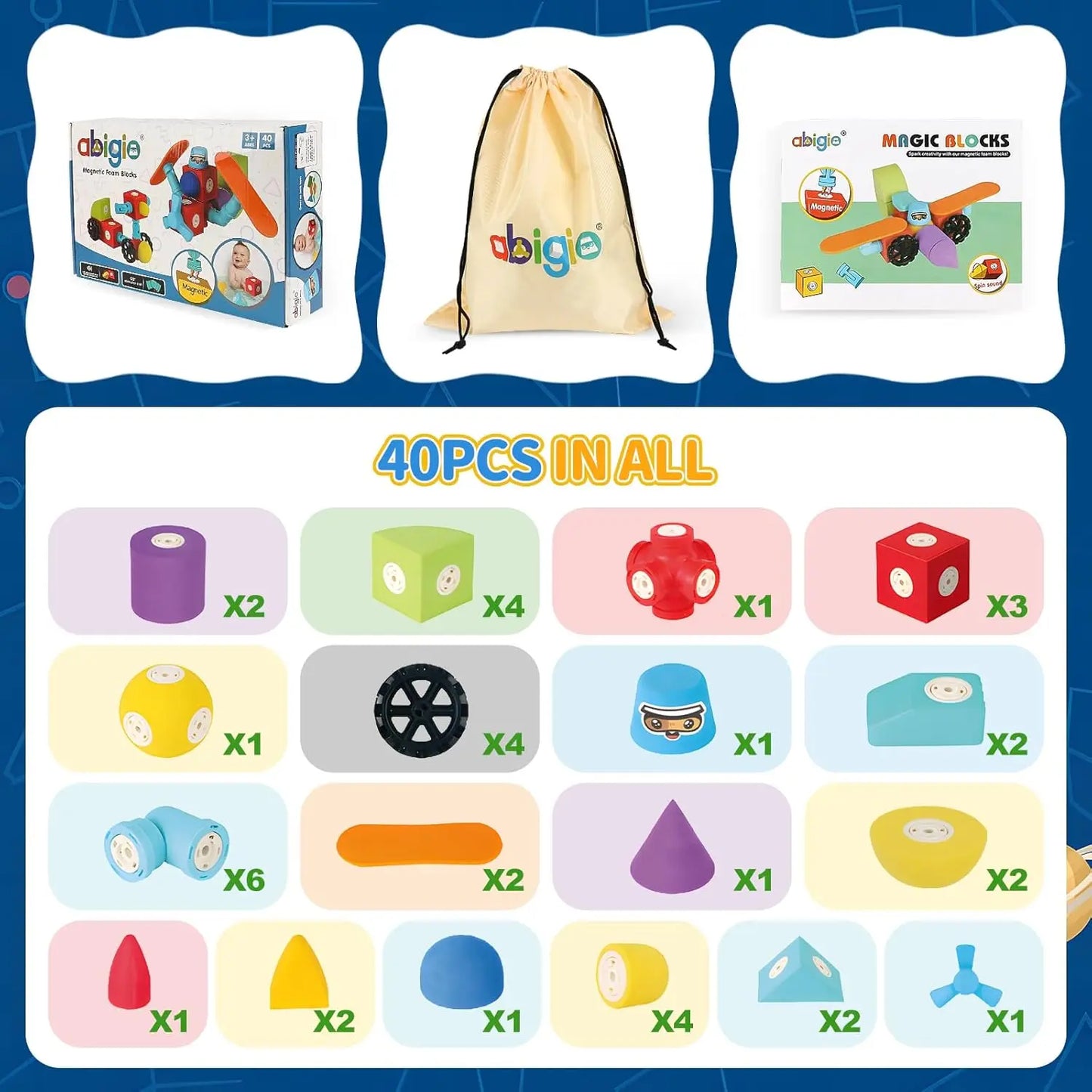 40PCS Magnet Building Blocks Prechool Montessori Set Travel Bath Toys Foam Magnetic Blocks, Autism Sensory Toys
