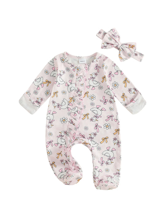 Guangdong Baby Floral Print Footed Romper and Headband Set