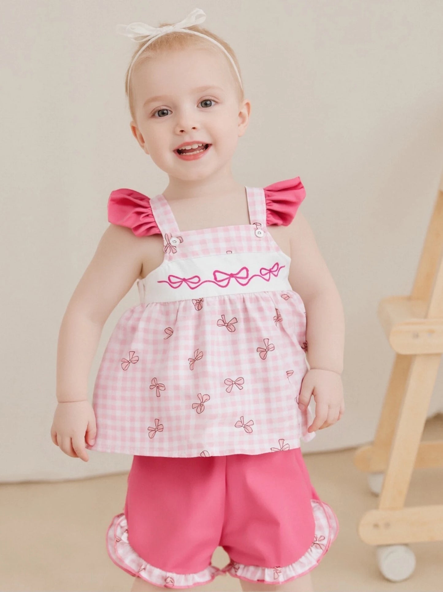 Meihuida Toddler Bow Plaid Baseball Top With Ruffle Shorts Set