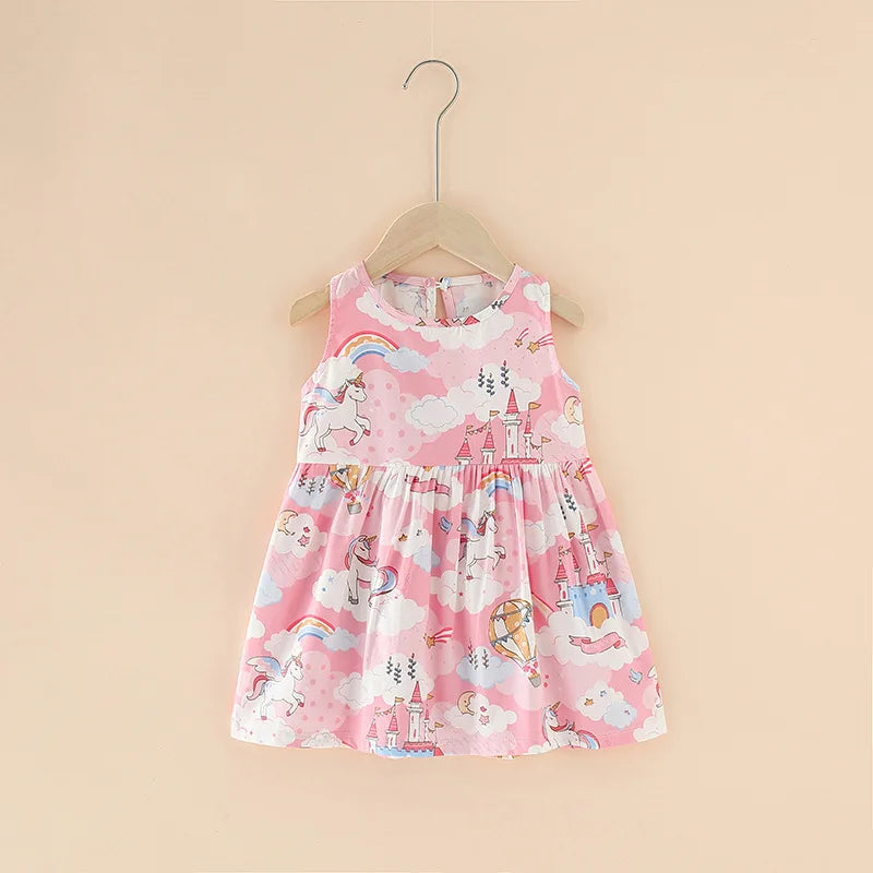 Girls Floral Cotton Sleeveless Knee Length Princess Dress Outfit