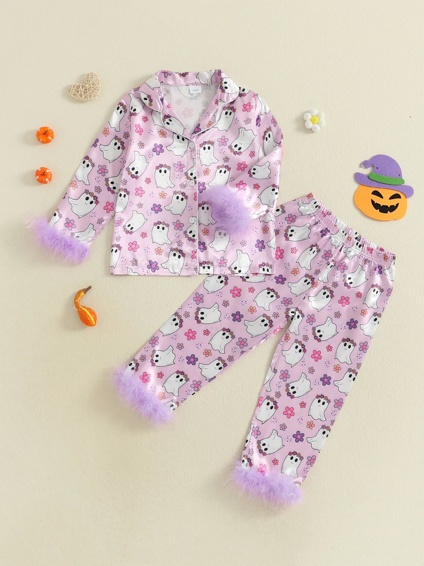 Girls Halloween Pajama Set Spooky Bat Spider Print Pajamas