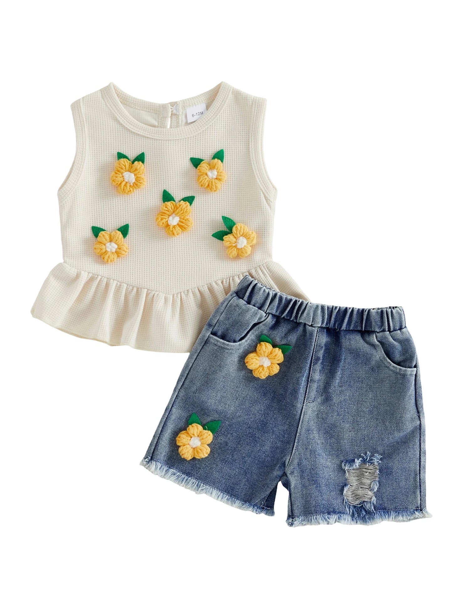 Toddler Girls Floral Embroidered Tank Top And Ruffled Denim Shorts Set