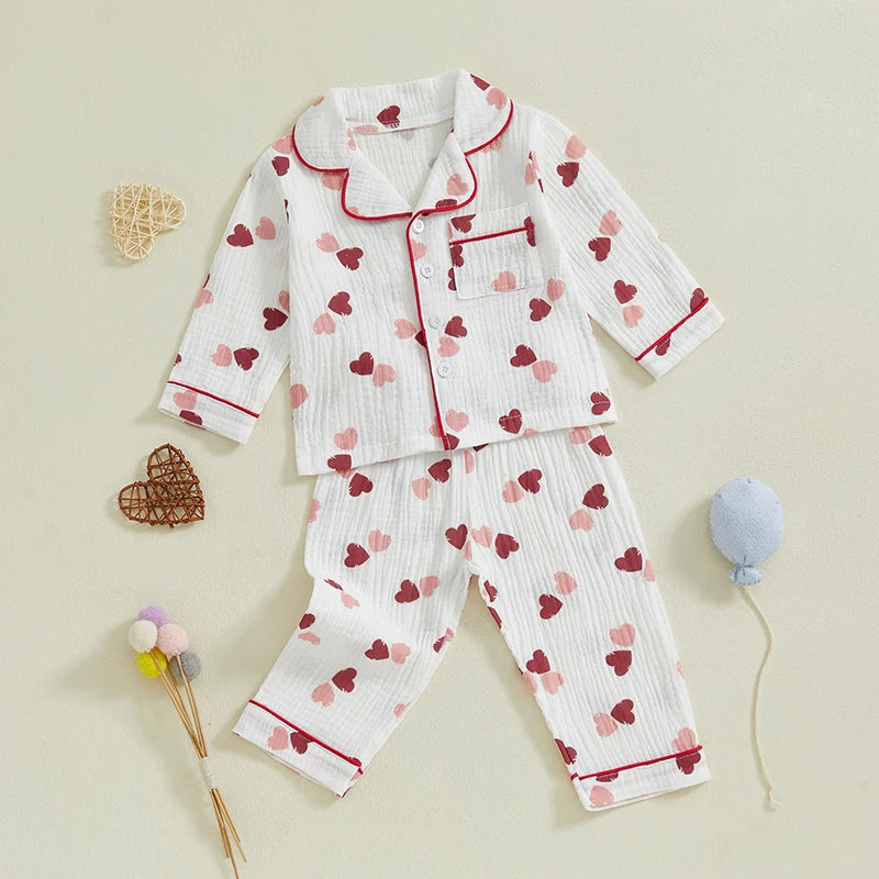 Girls Heart Pattern Pajama Set With Elastic Waist Pants