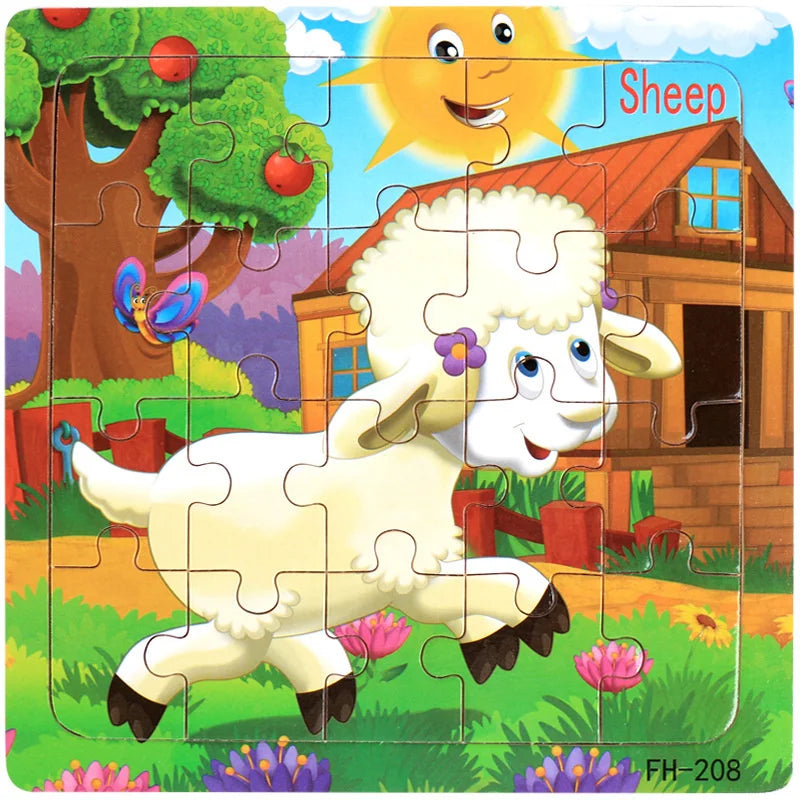 Wooden 3D Puzzle Cartoon Animals and Vehicles Jigsaw for Kids
