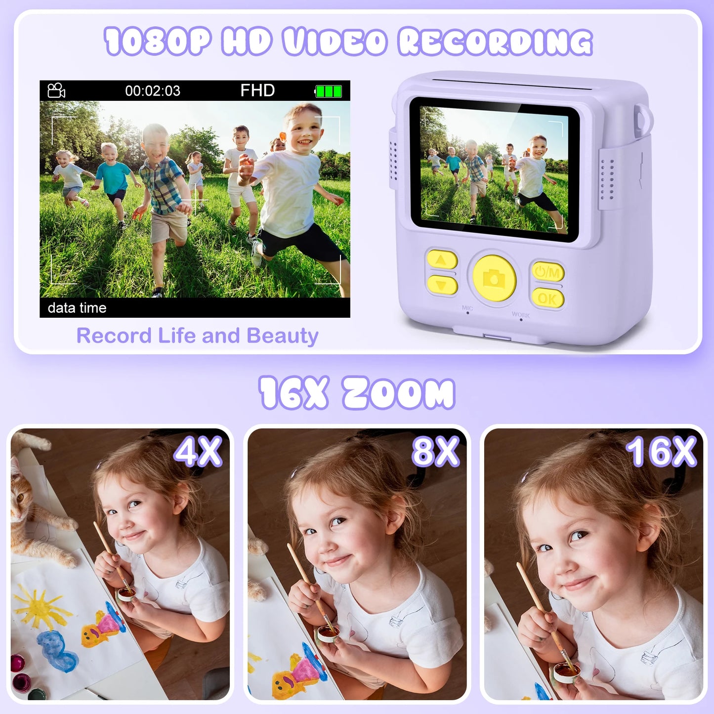 DIAMOOKYCN Kids Digital Camera 1080P HD Instant Print Gift