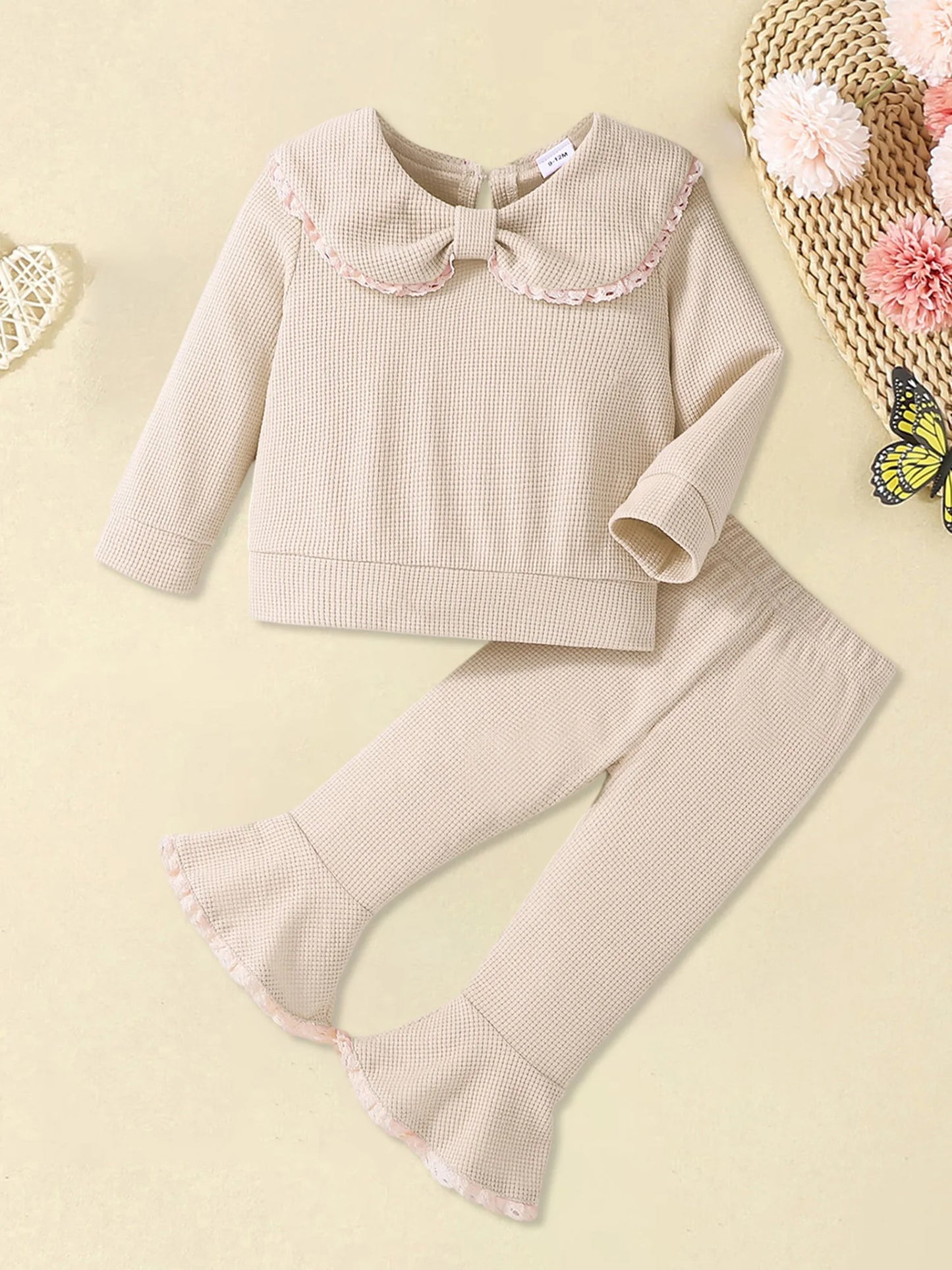 Meihuida Infant 2-Piece Autumn Set Bow Collar Top Flared Pants