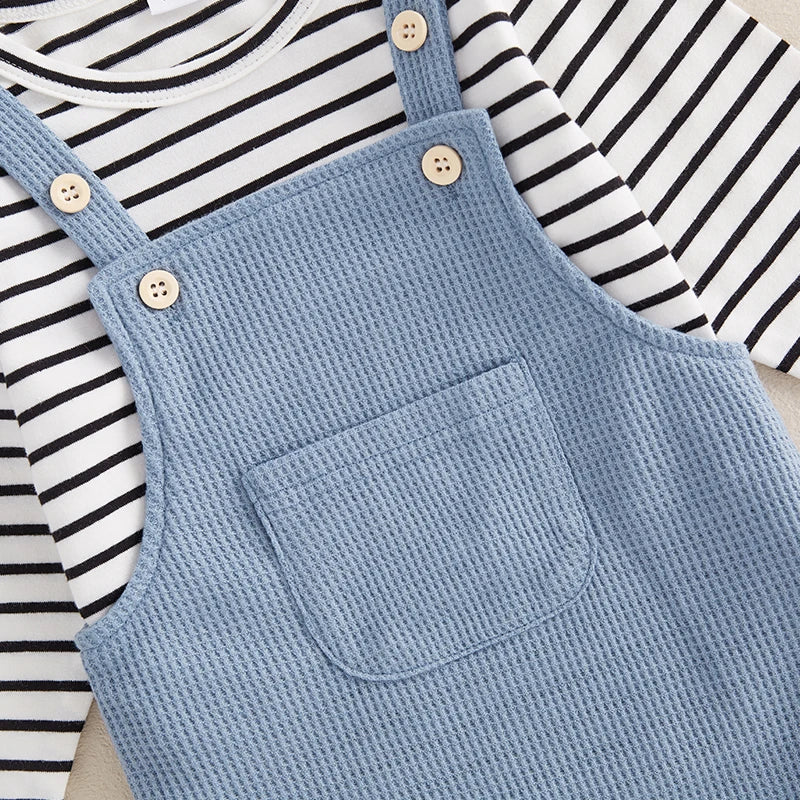 Pudcoco Boys Striped 2-Piece Long Sleeve Tee With Suspender Pants