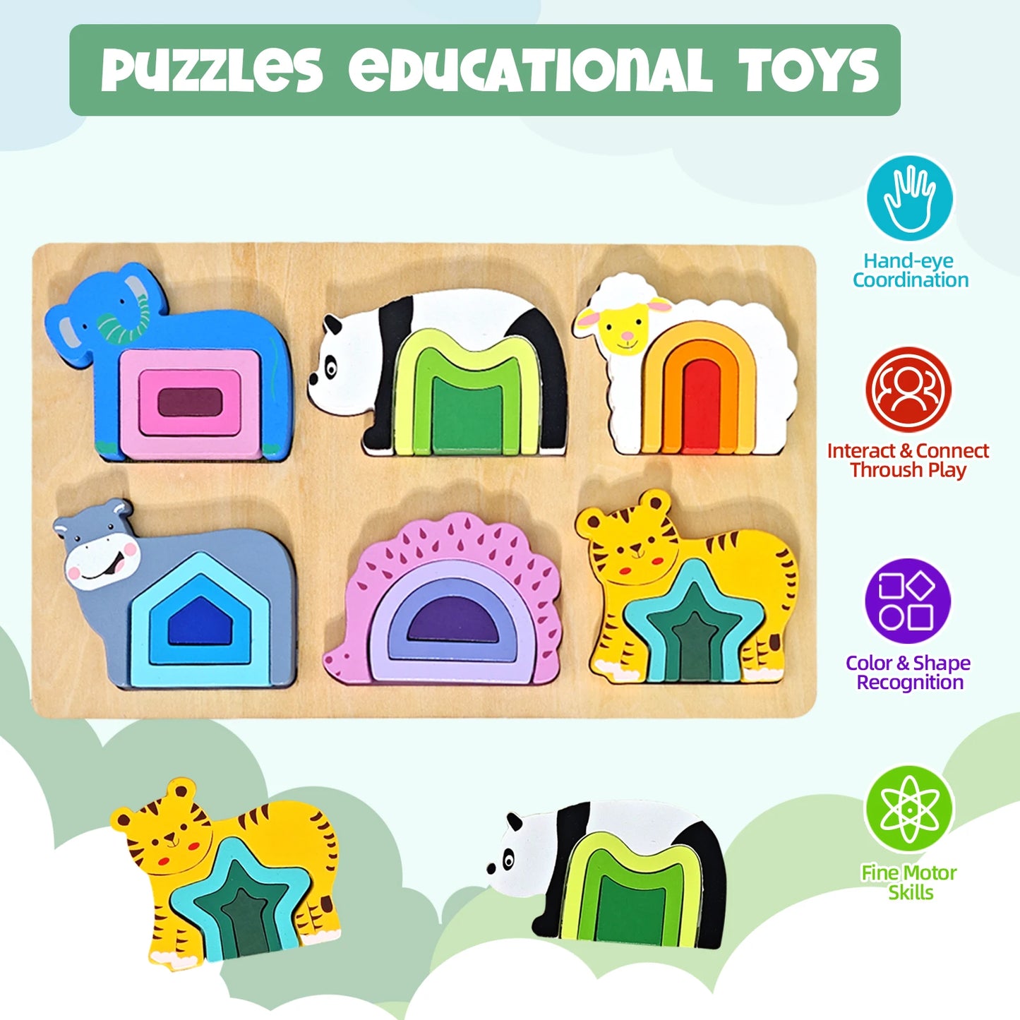 3D Wooden Jigsaw Educational Toys Montessori Toys for Kids Games Animal Shape Puzzle Toys Children Christmas Holiday Gifts