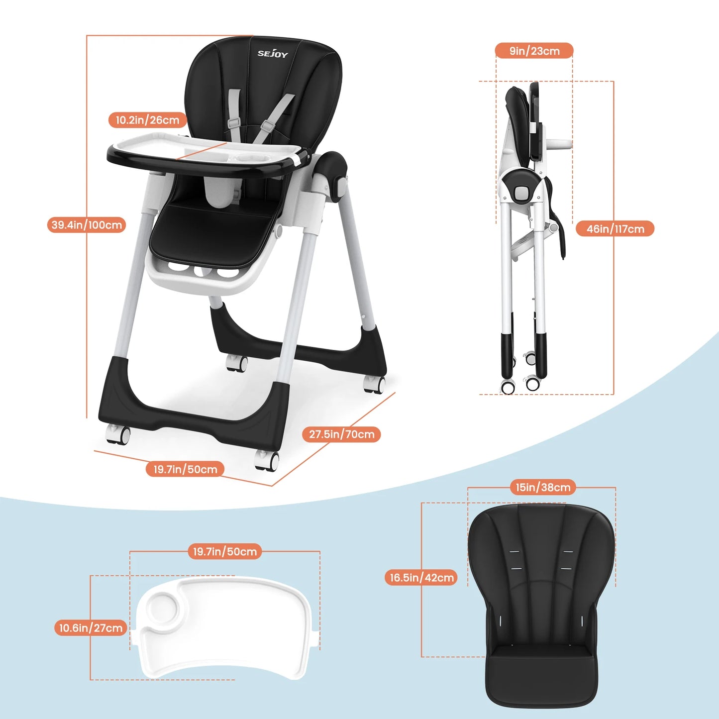 SEJOY Adjustable High Chair FivePoint Harness 3Tier Tray
