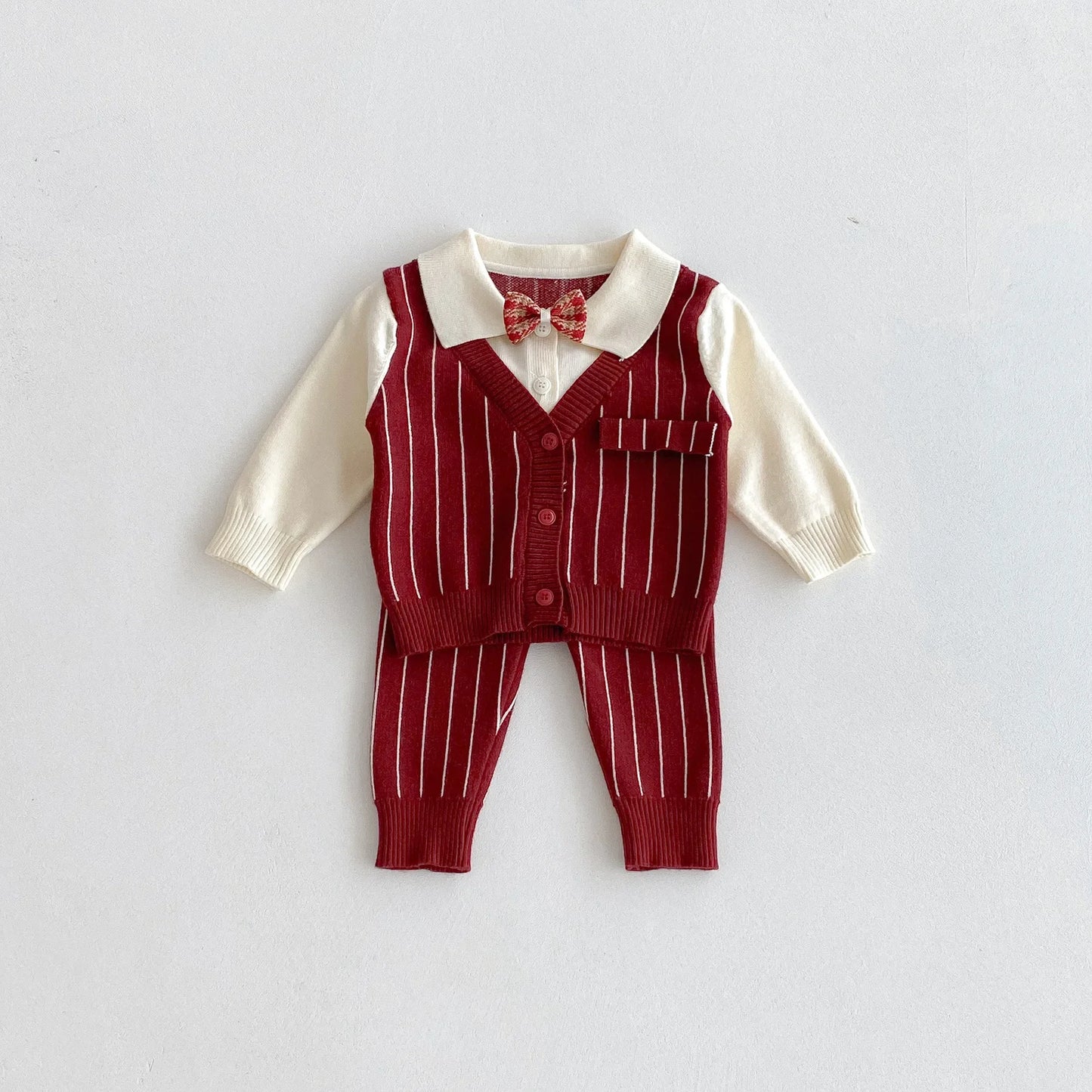 CN Zhejiang Baby Boy Knit Striped 3 Piece Set Bow Tie Shirt