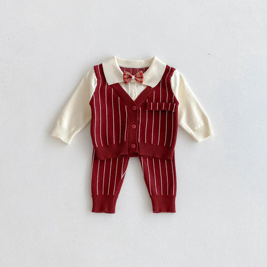 CN Zhejiang Baby Boy Knit Striped 3 Piece Set Bow Tie Shirt