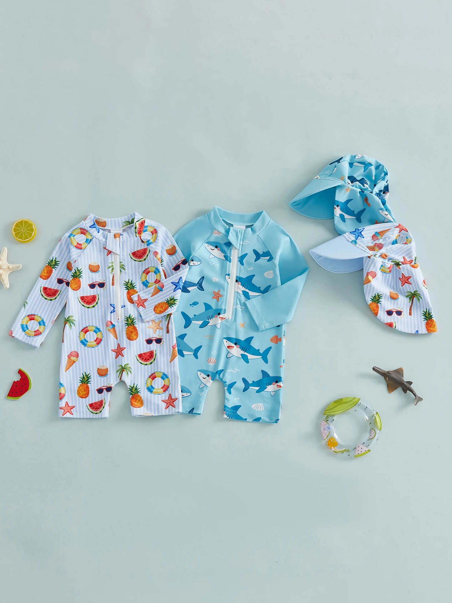 Toddler Boy Animal Print Rash Guard Swim Set With Hat