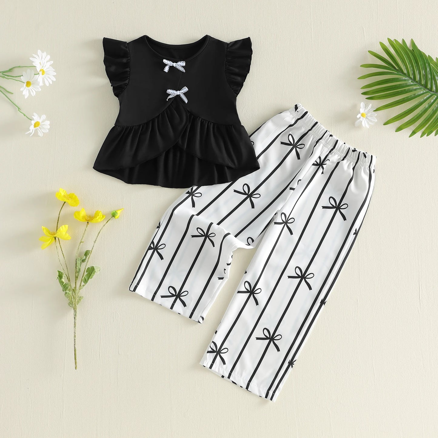 Girls Flutter Sleeve Bow Detail 2 Piece Set For Summer