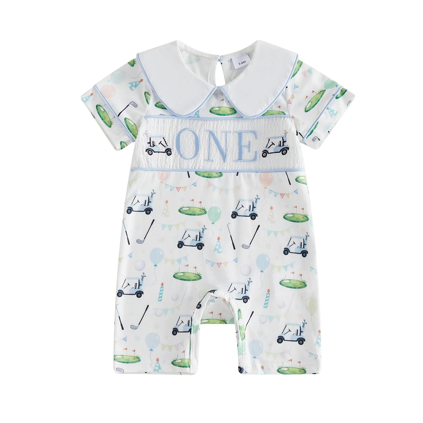 Infant Boy Embroidered Letters Golf Print Short Sleeve Jumpsuit