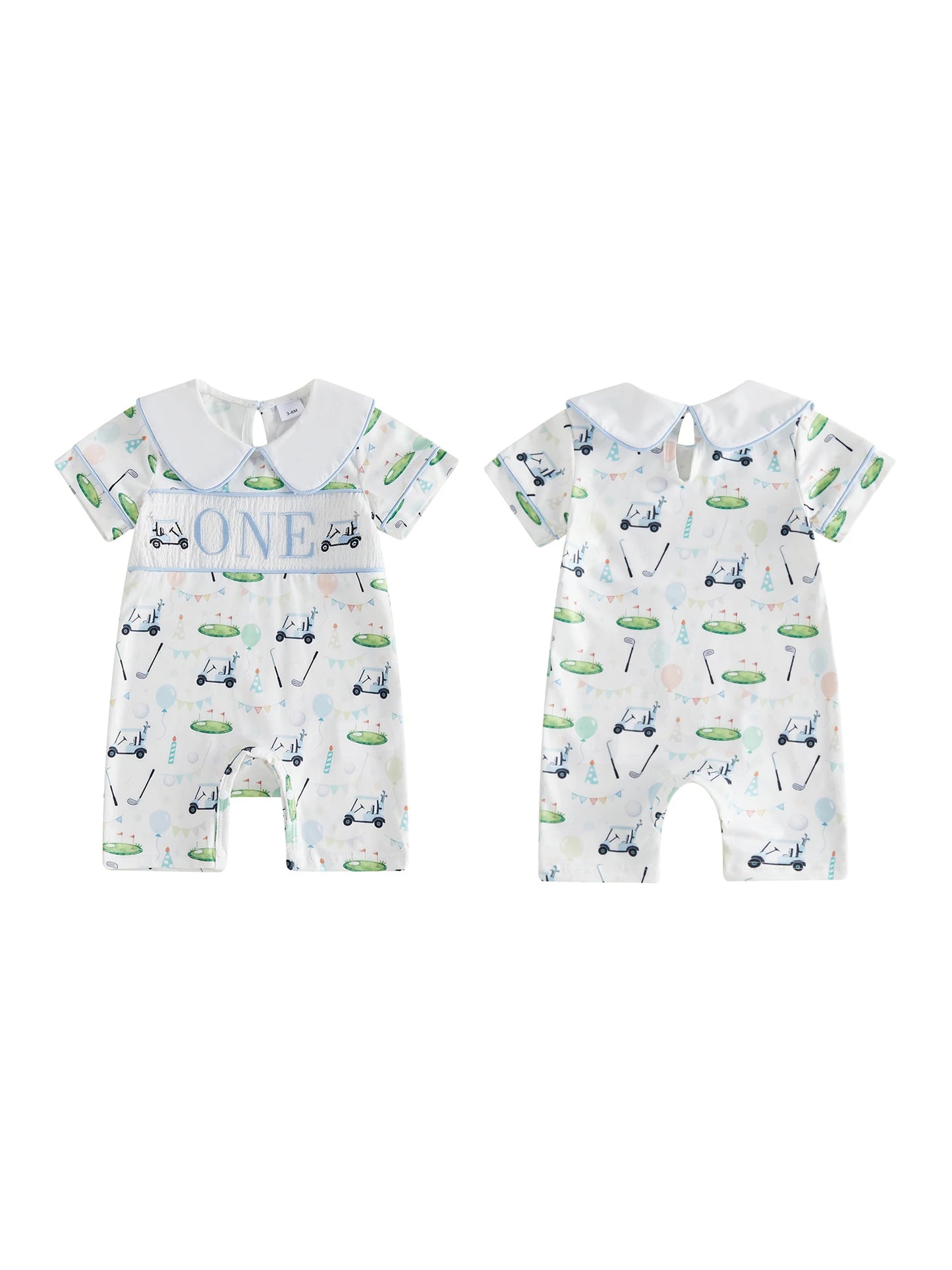 Infant Boy Embroidered Letters Golf Print Short Sleeve Jumpsuit