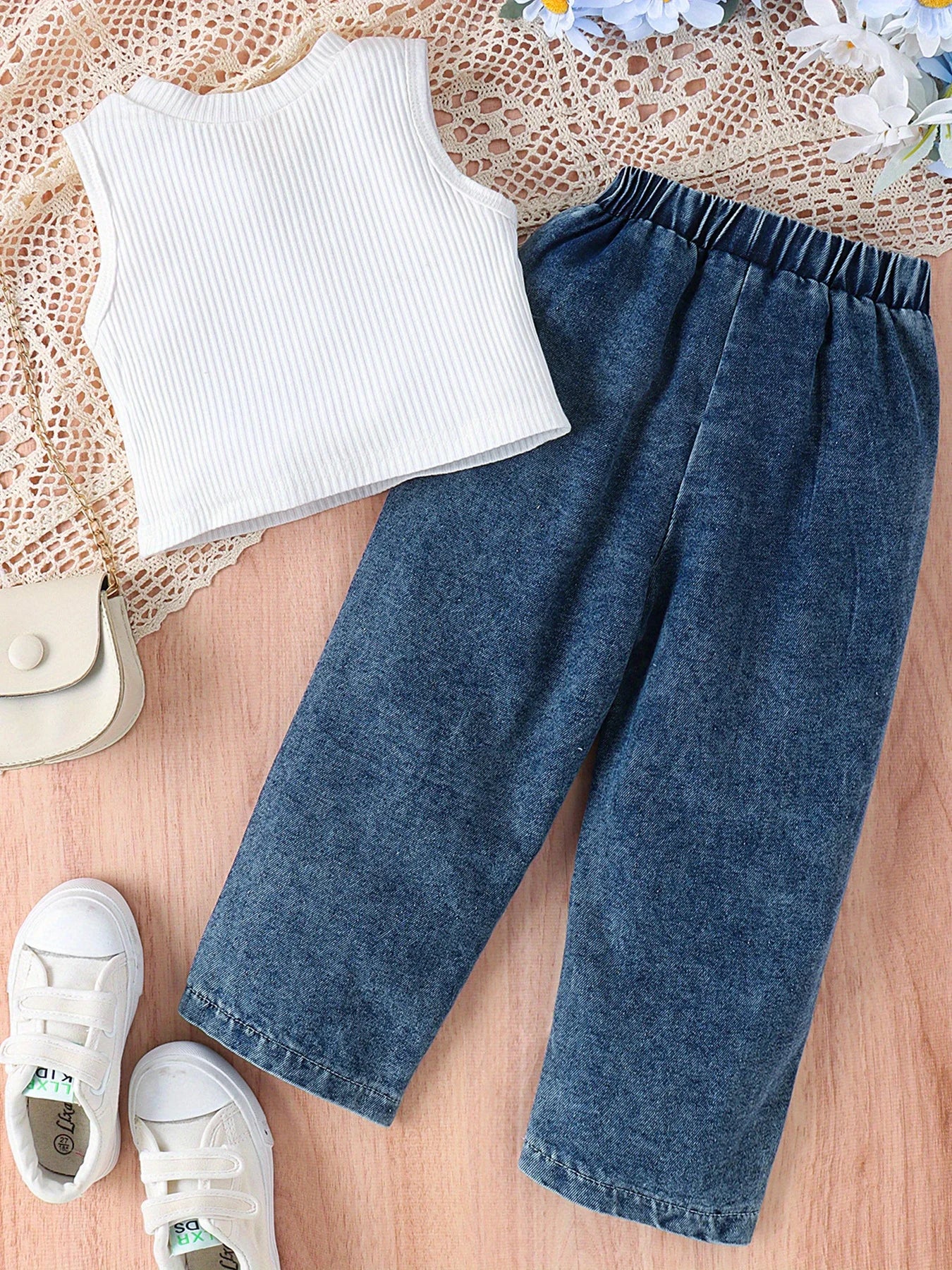 Toddler Girl Tank Top And Printed Jeans Set Outfit