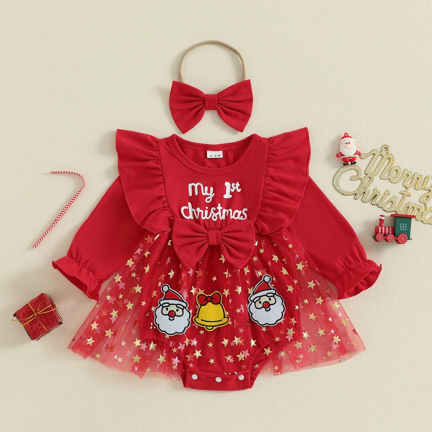 Toddler Girl Christmas Reindeer Romper Dress With Headband And Bow