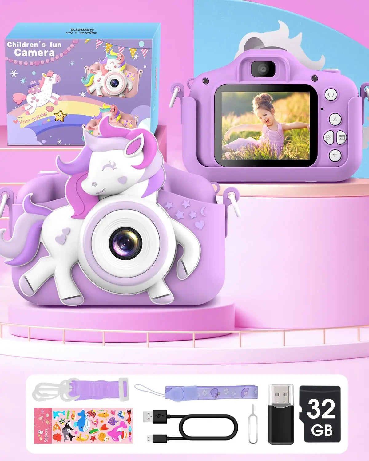 GofunlyCN Kids Camera 20MP 1080P Cartoon Selfie Toy With 32GB Card