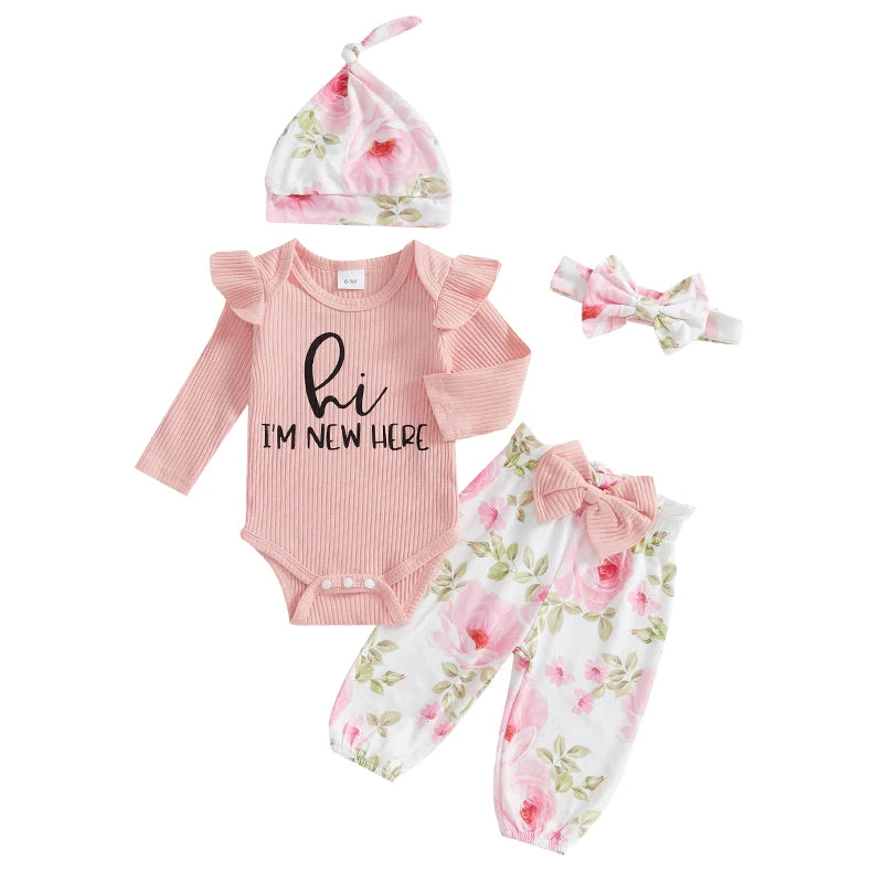 Pudcoco Baby Girls 4 Piece Romper Set Floral Pants Headband