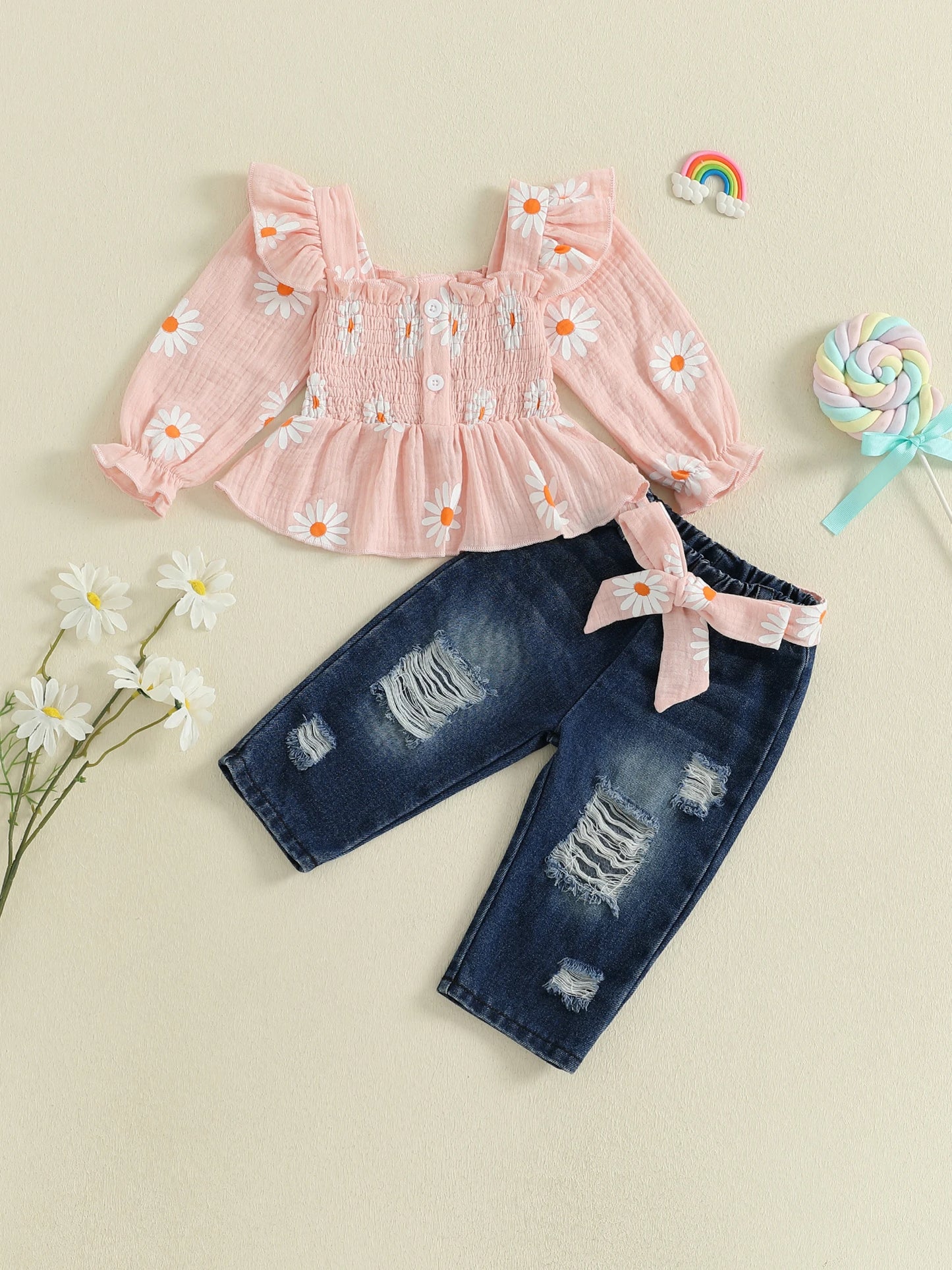 Girls Floral Print 2 Piece Outfit Set Denim Pants Collection