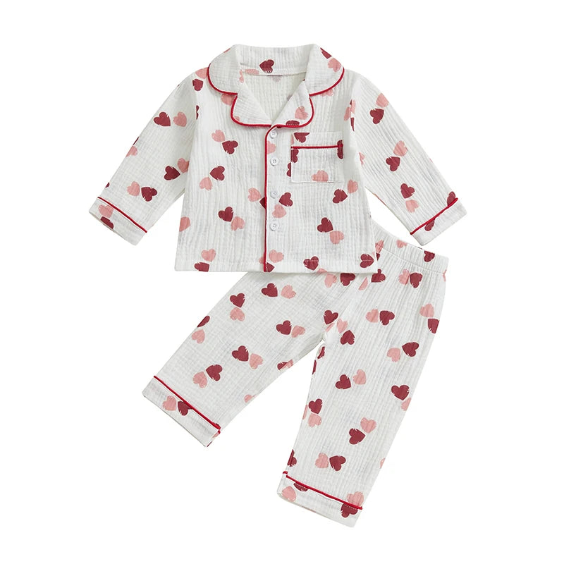 Girls Heart Pattern Pajama Set With Elastic Waist Pants
