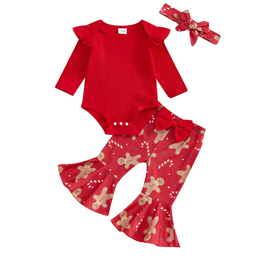 Pudcoco Baby Girl Christmas Romper Set Gingerbread Print