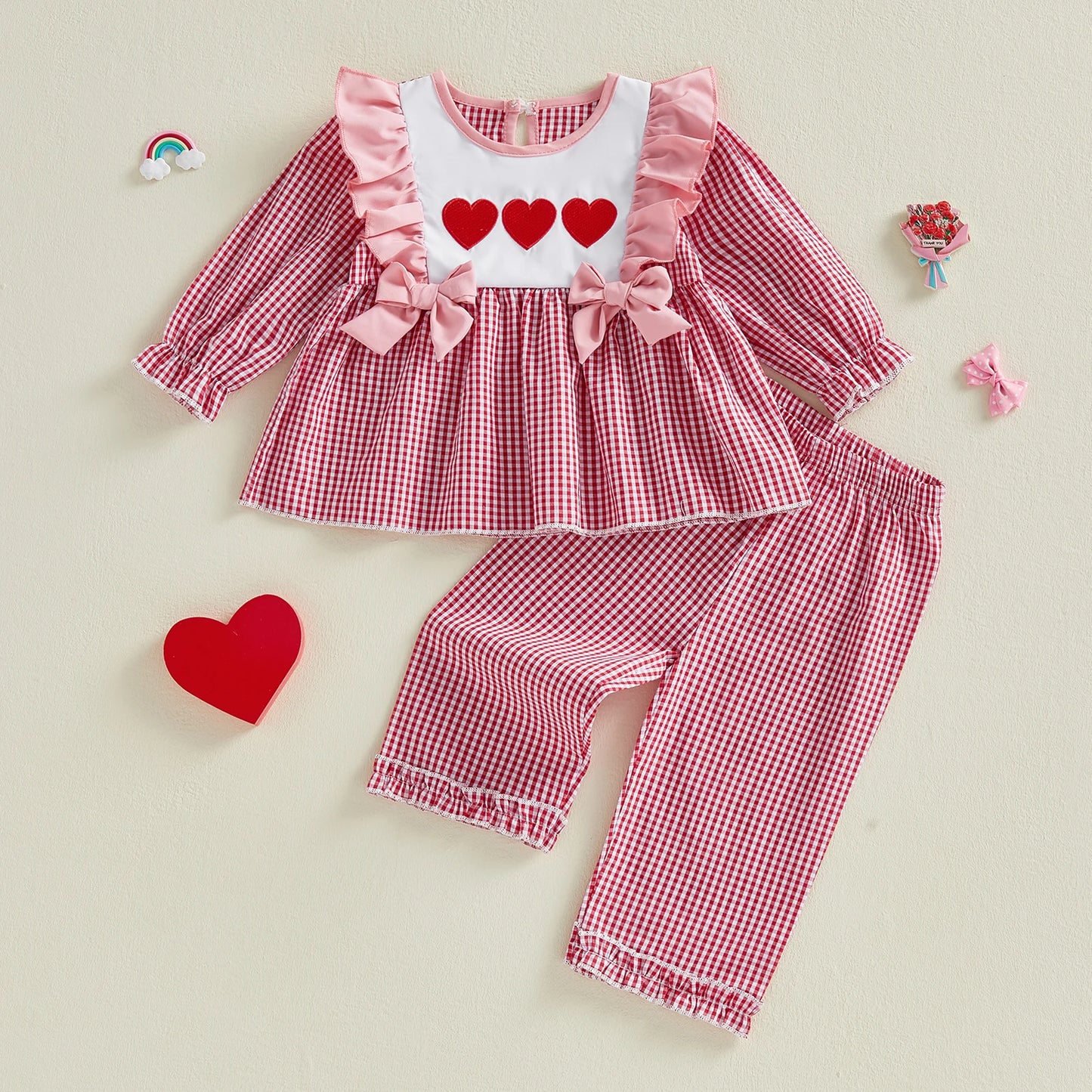 Girls Valentine Outfit Heart Print Shirt And Plaid Pants Set