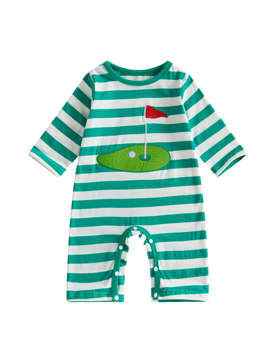Infant Striped Playsuit With Long Sleeves And Golf Embroidery