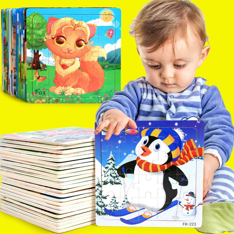 Wooden 3D Puzzle Cartoon Animals and Vehicles Jigsaw for Kids