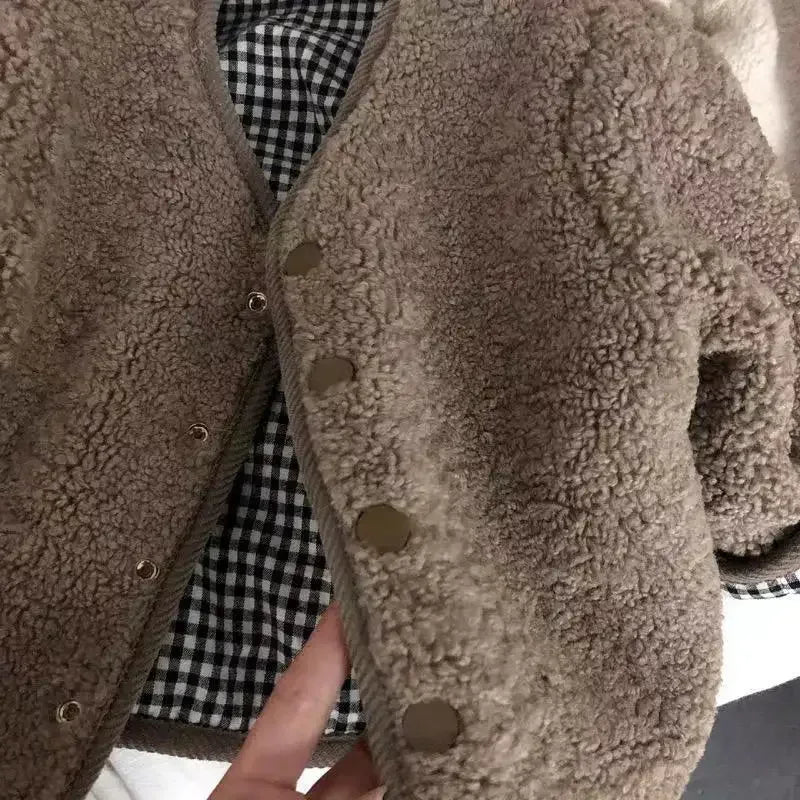 HoneyCherry Kids Reversible Plaid Jacket Plush Winter Coat