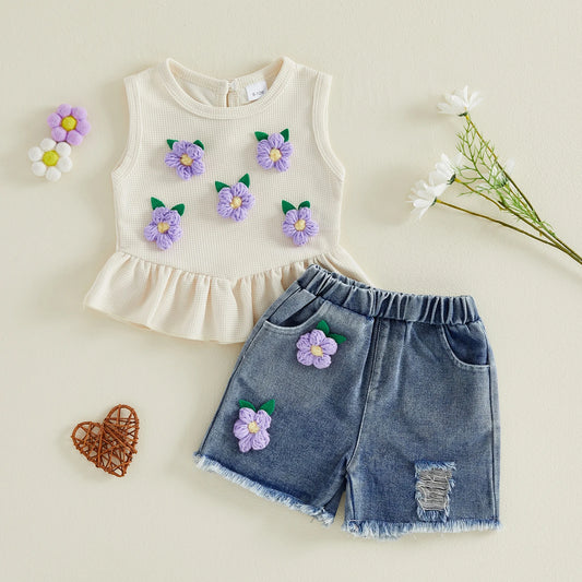 Toddler Girls Floral Embroidered Tank Top And Ruffled Denim Shorts Set