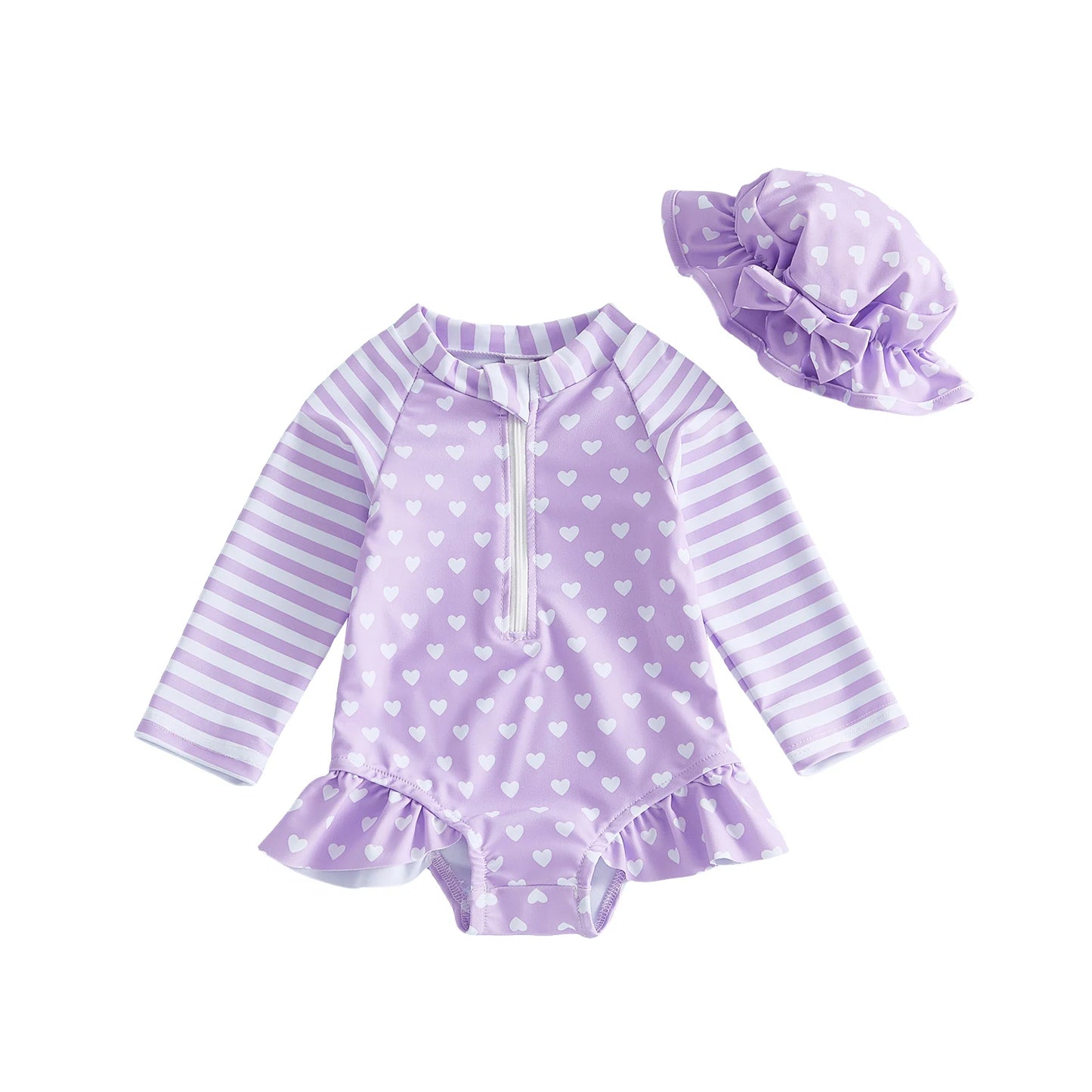 Girls Heart Patterned Two Piece Rash Guard Swimsuit With Hat