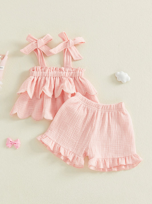 Girls Casual Sleeveless Crop Top And High Waisted Shorts Set With Ruffle Trim