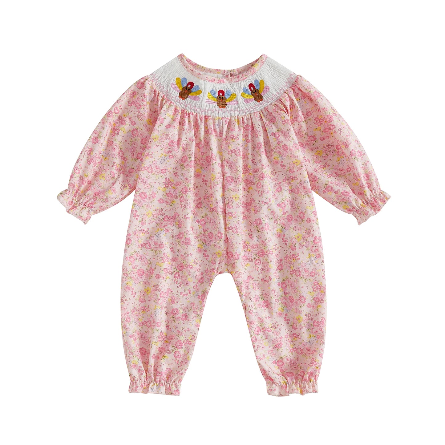 Thanksgiving Baby Romper With Turkey Embroidery Long Sleeve