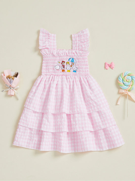 Baby Girls Sleeveless Plaid Dress With Duck Embroidery And Square Collar