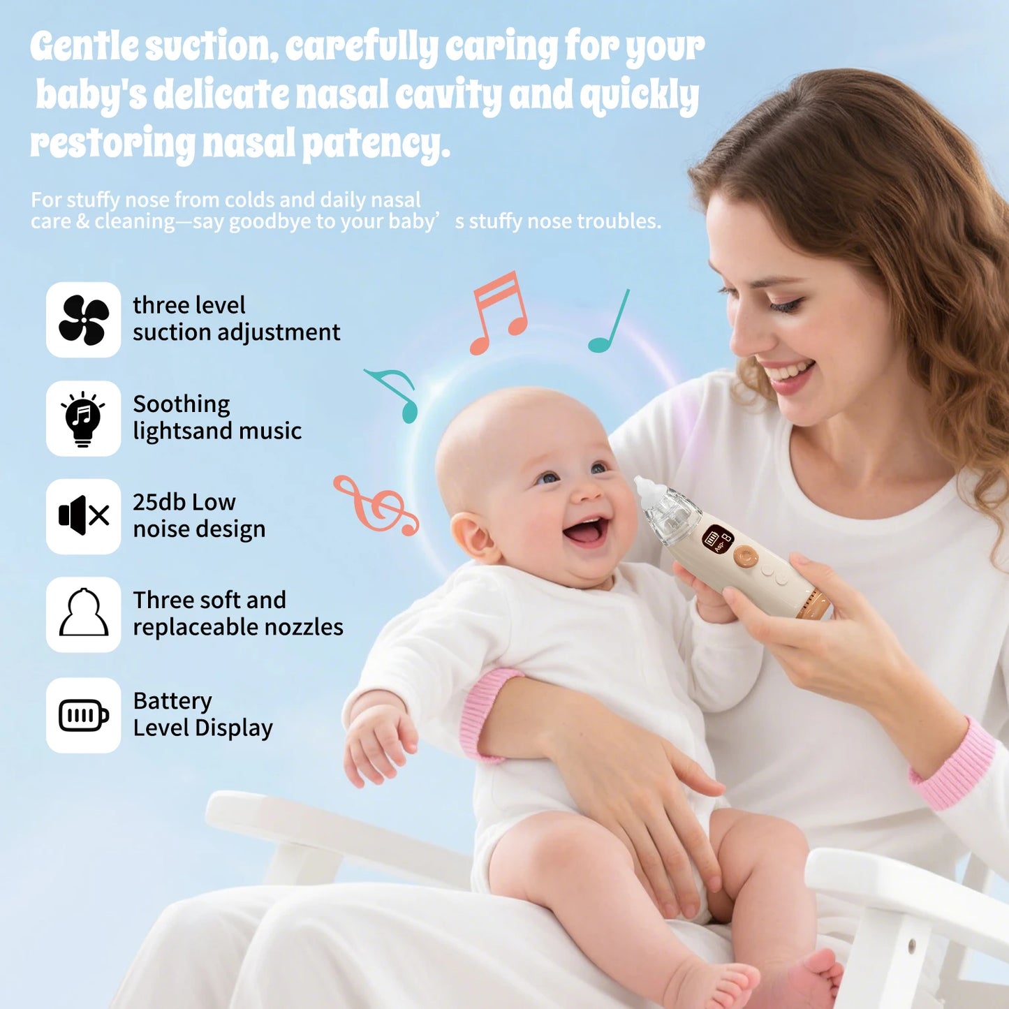 Hansqui Electric Baby Nasal Aspirator Rechargeable With 3 Silicone Nozzles