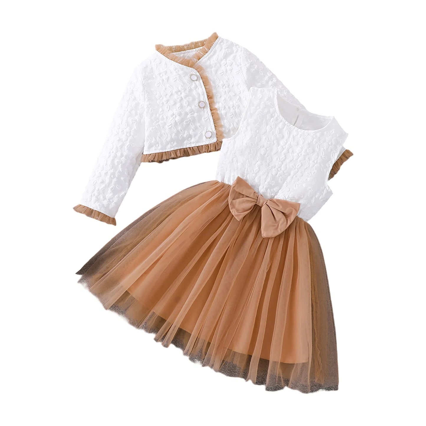 Girls 2-Piece Sleeveless Bow Tulle A-Line Dress With Jacket
