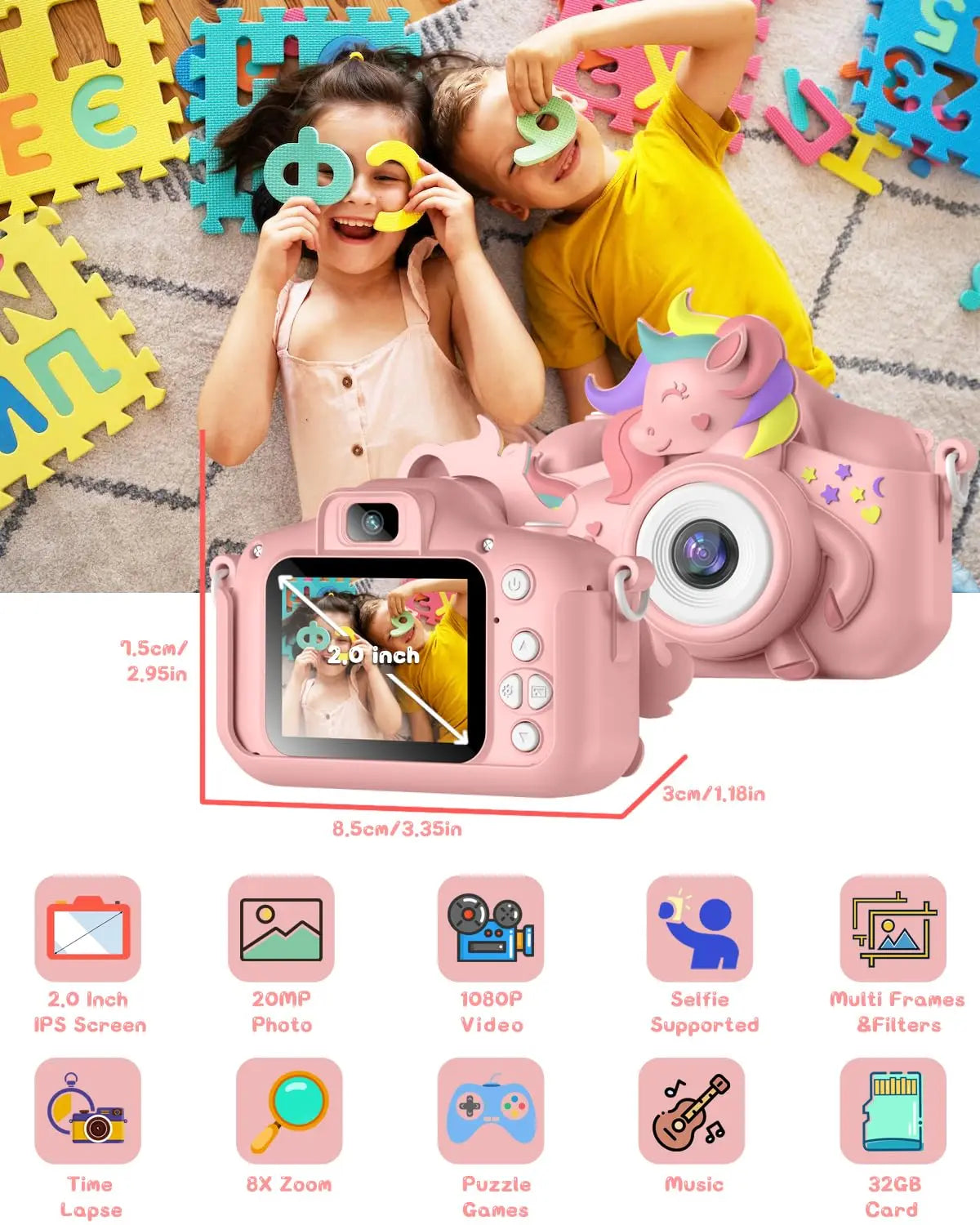 GofunlyCN Kids Camera 20MP 1080P Cartoon Selfie Toy With 32GB Card