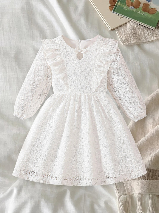 Toddler Girl Floral Lace Dress With Bow And Puff Sleeves