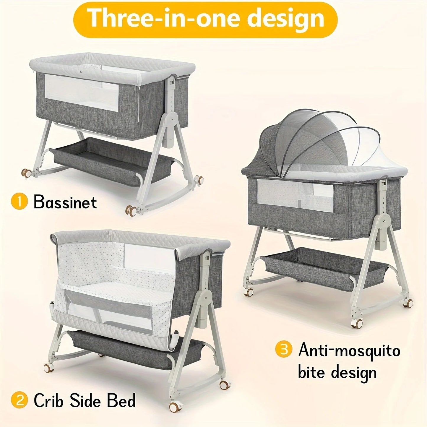 Premium Multifunctional Baby Bedside Bassinet 3in1 Sleeper With Adjustable Wheels