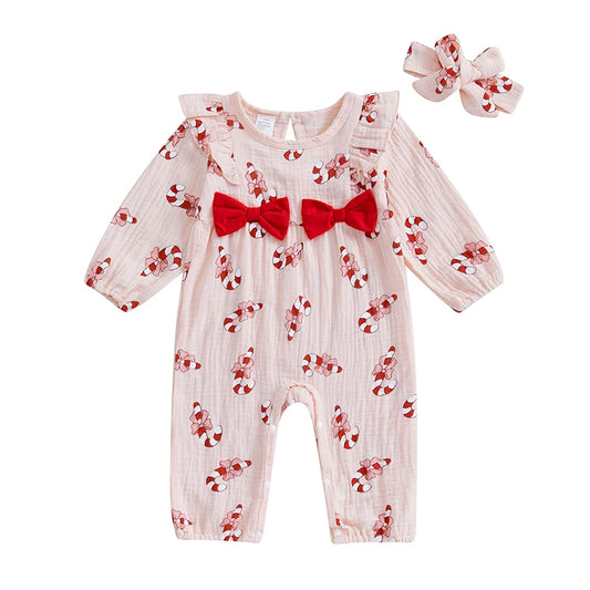 Baby Girl Christmas Candy Cane Print Jumpsuit Set With Headband