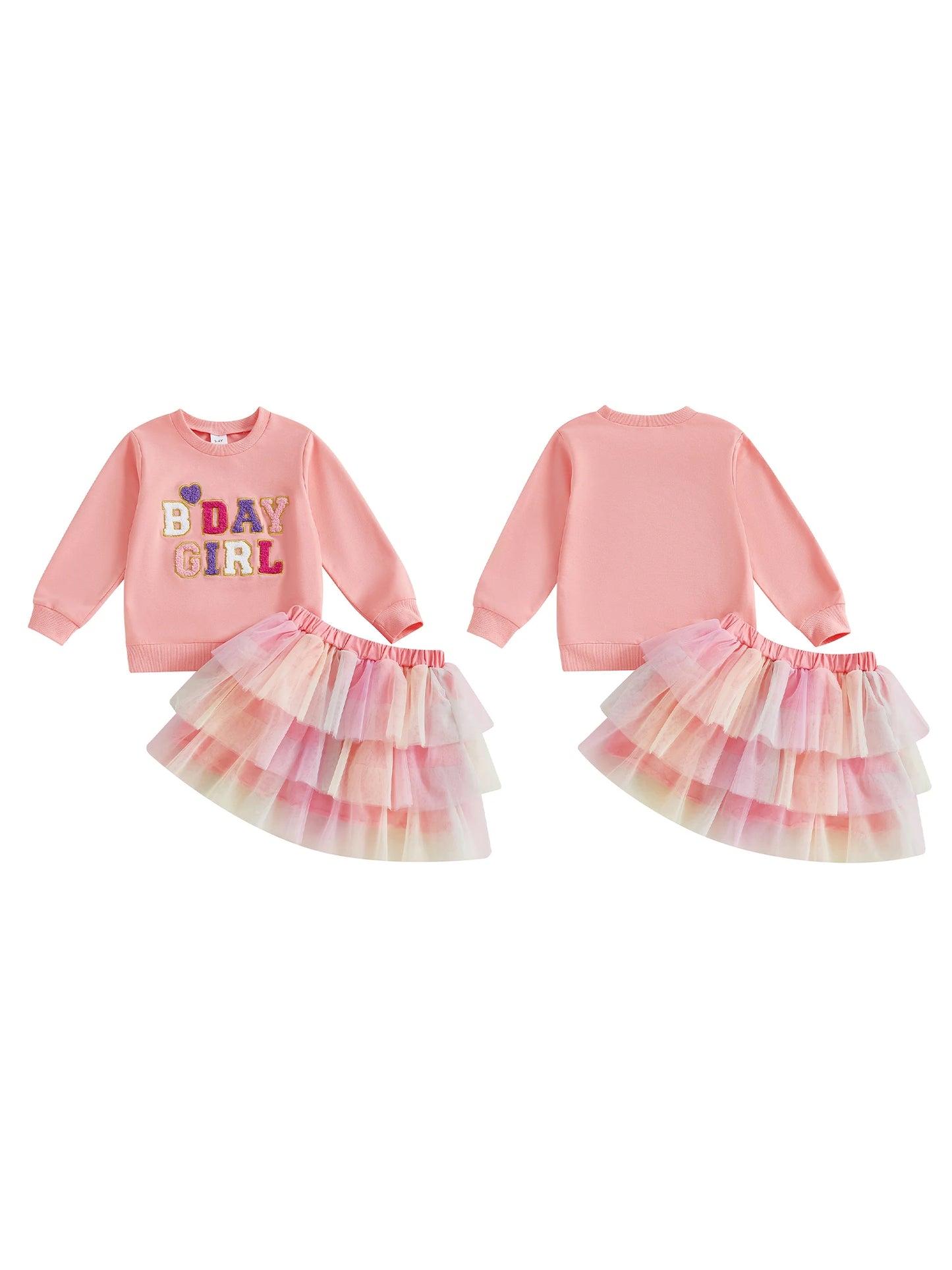 Adorable Toddler Girl Birthday Outfit Heart Embroidered Sweatshirt Layered Skirt