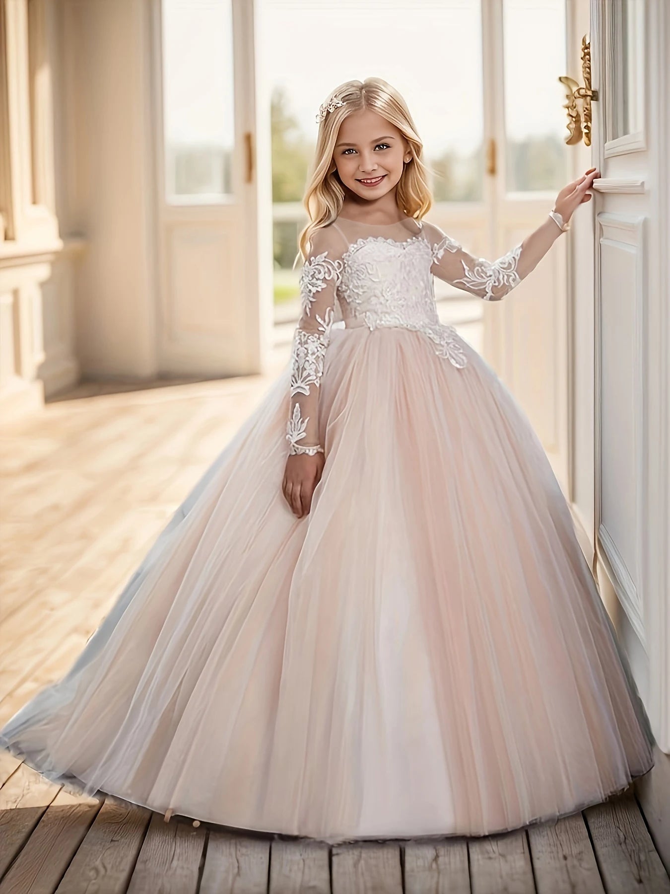 Abaowedding Lace Embroidered Sheer Long Sleeves Kids Gowns