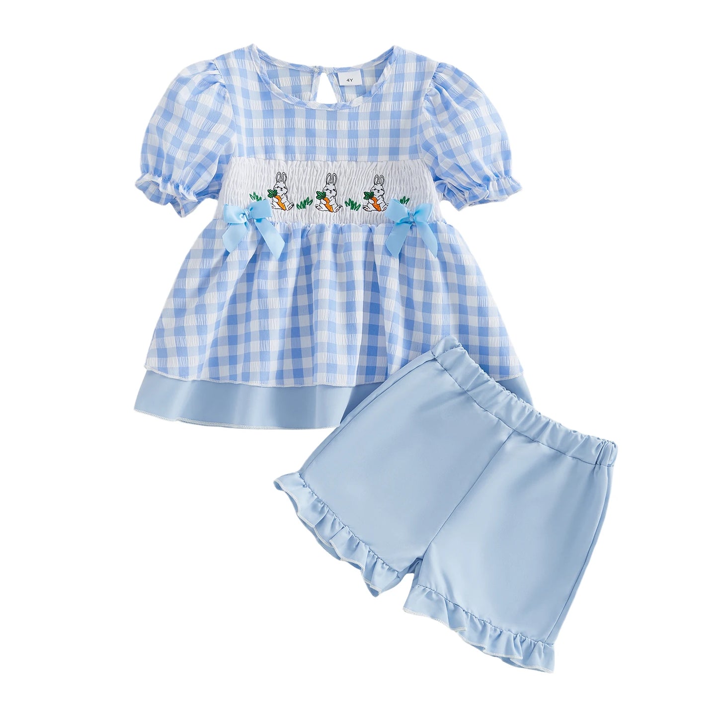 Girls Easter Outfit Set With Bunny Embroidery Plaid Shorts Top