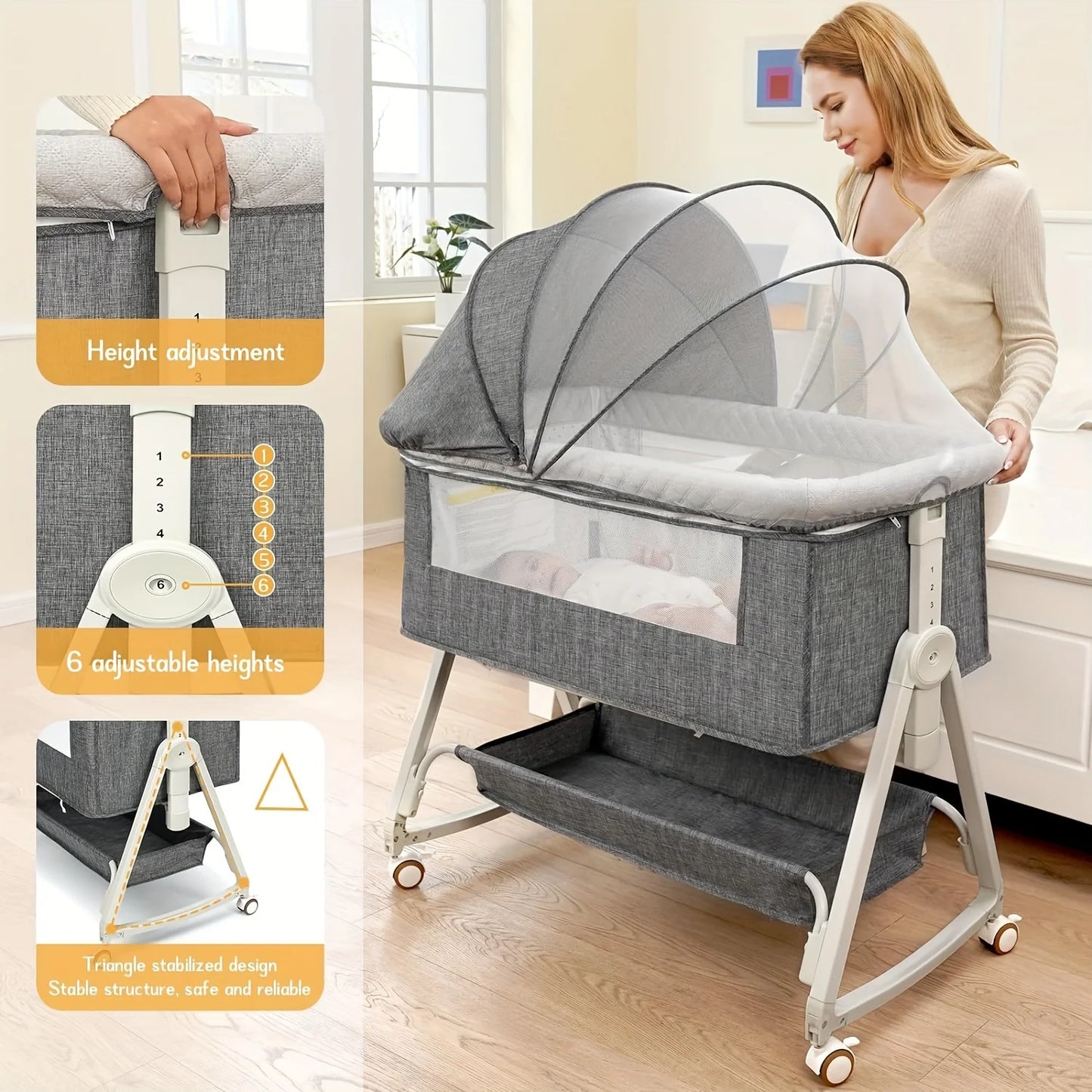 Premium Multifunctional Baby Bedside Bassinet 3in1 Sleeper With Adjustable Wheels