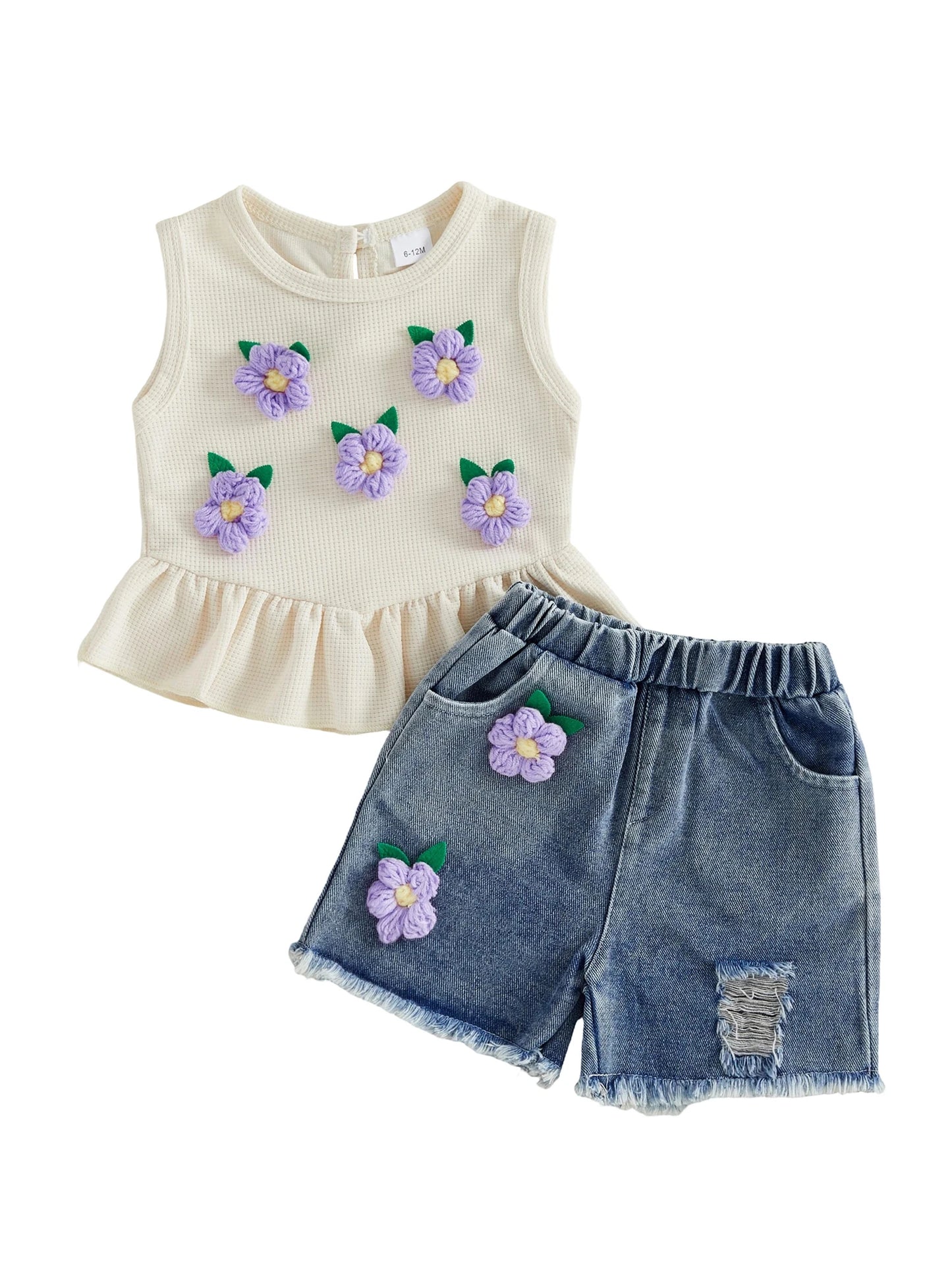 Toddler Girls Floral Embroidered Tank Top And Ruffled Denim Shorts Set