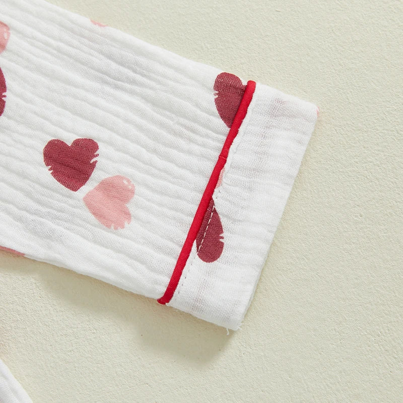 Girls Heart Pattern Pajama Set With Elastic Waist Pants