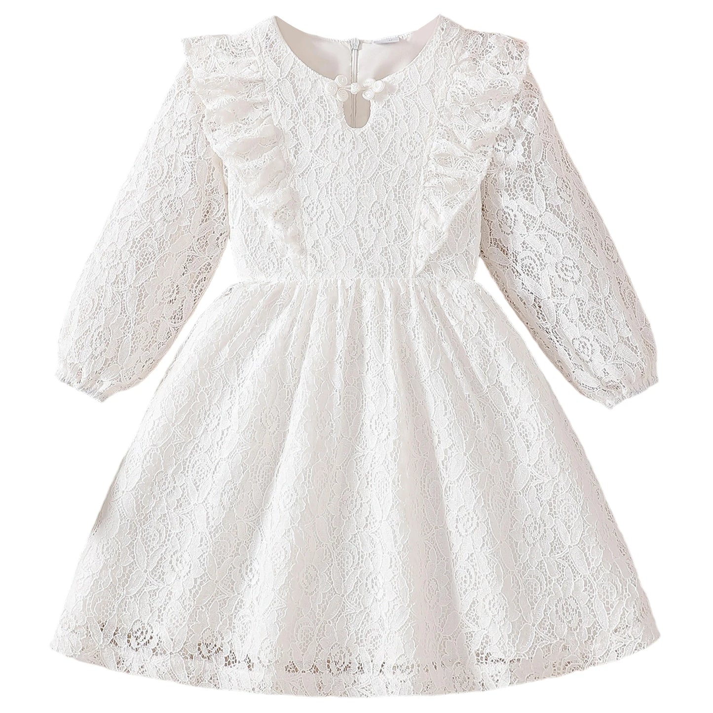 Toddler Girl Floral Lace Dress With Bow And Puff Sleeves